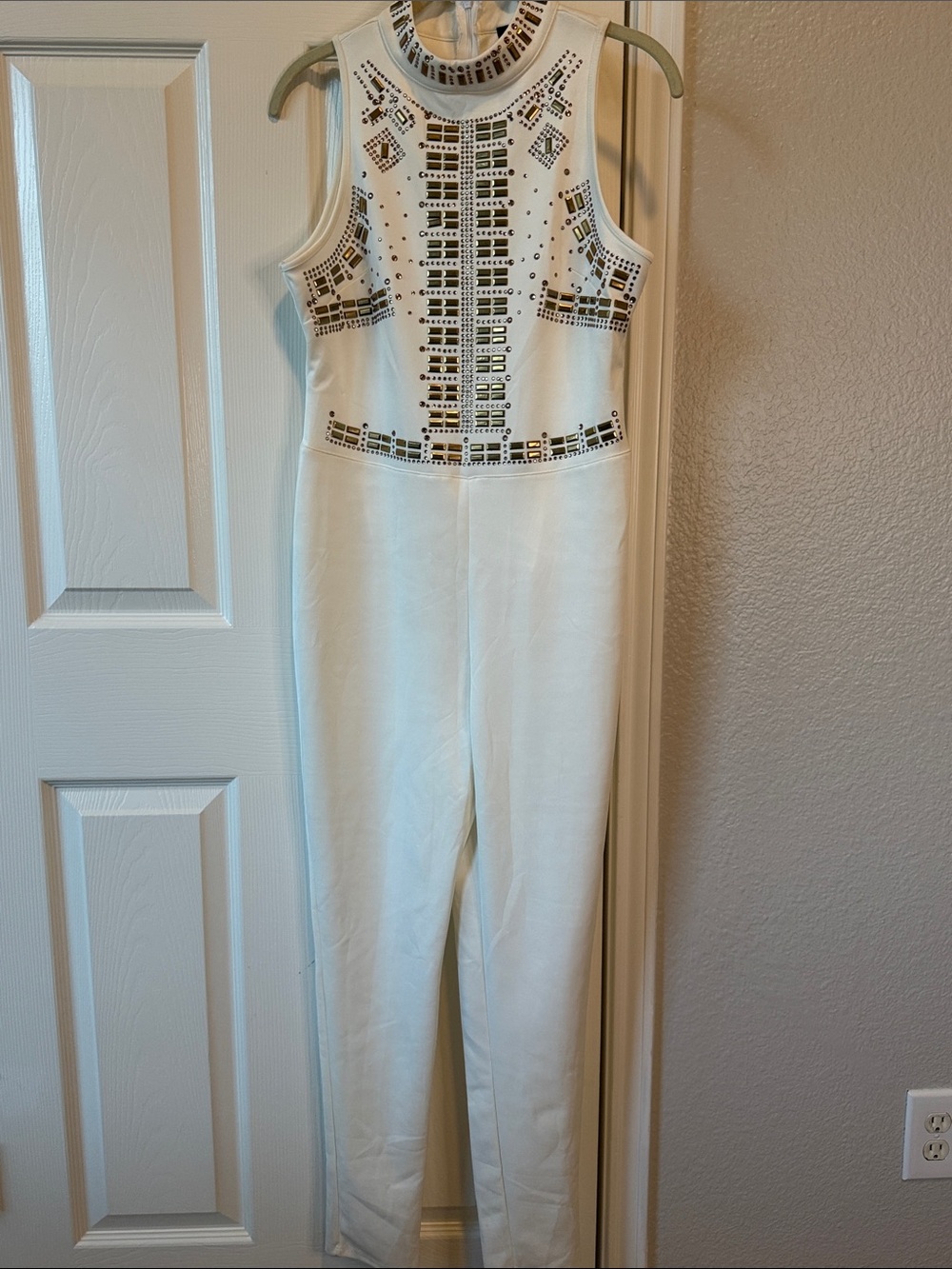 White Sleeveless Embellished Jumpsuit Sz M